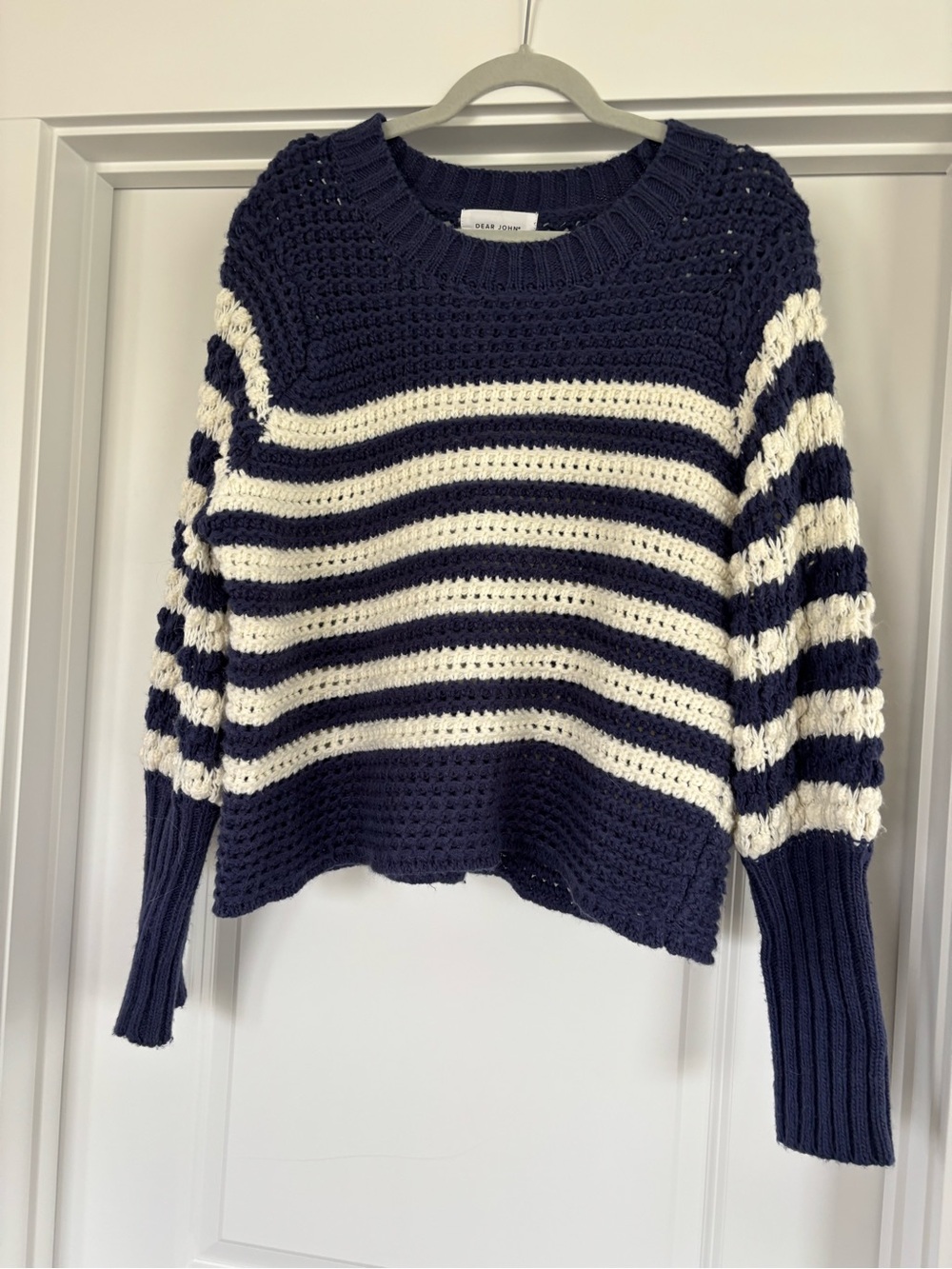 Dear John Navy and Cream Striped Crochet Crewneck Sweater